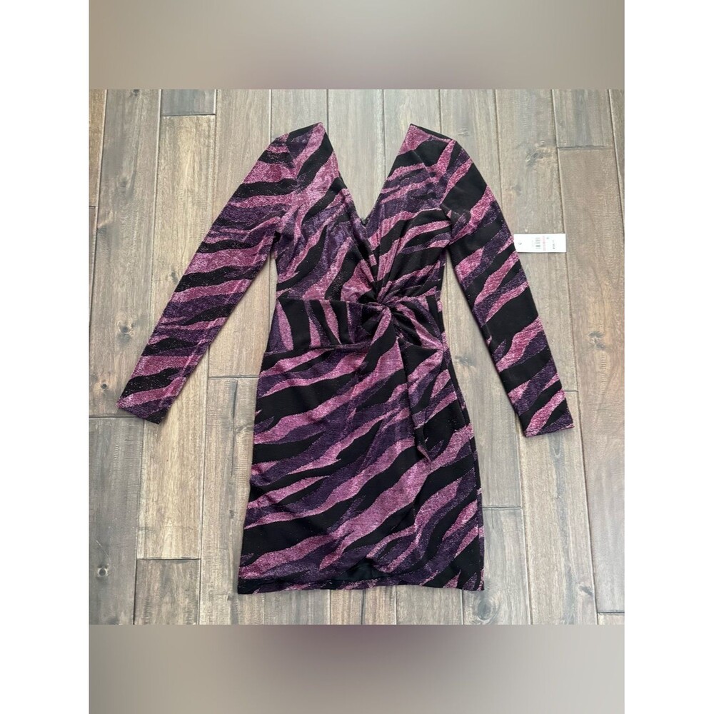 Siena Studio Metallic Shimmer Side-Twist Long-Sleeve Dress Purple Zebra 10 NWT